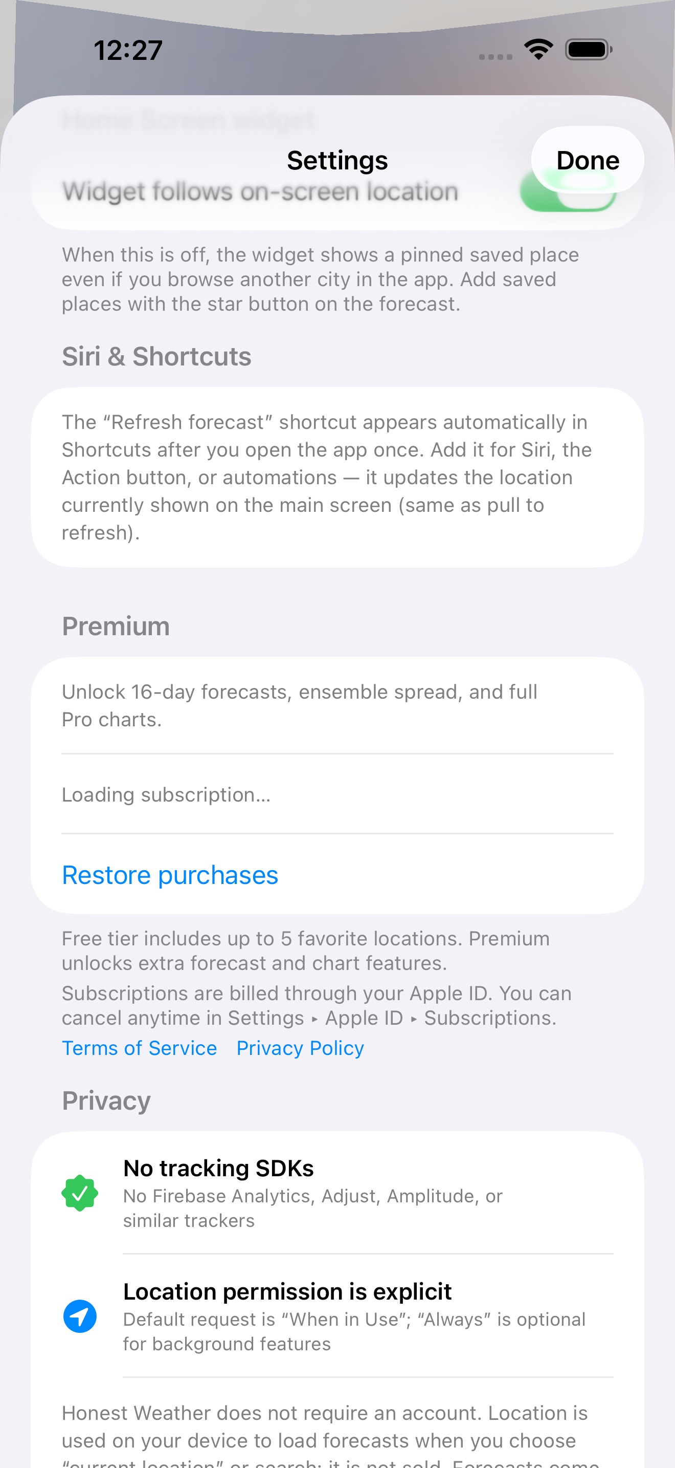 Screenshot: Settings in Honest Weather showing privacy and data controls